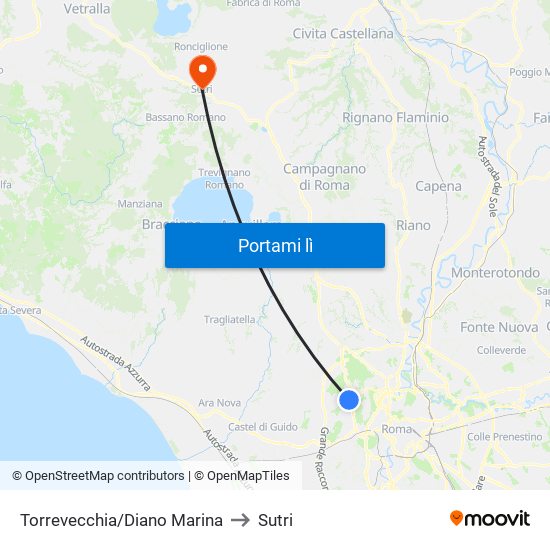 Torrevecchia/Diano Marina to Sutri map