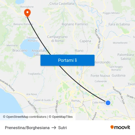 Prenestina/Borghesiana to Sutri map