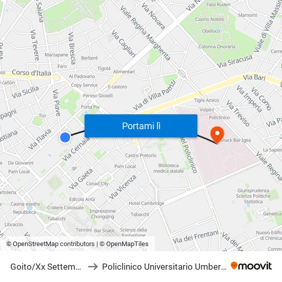 Goito/Xx Settembre to Policlinico Universitario Umberto I map