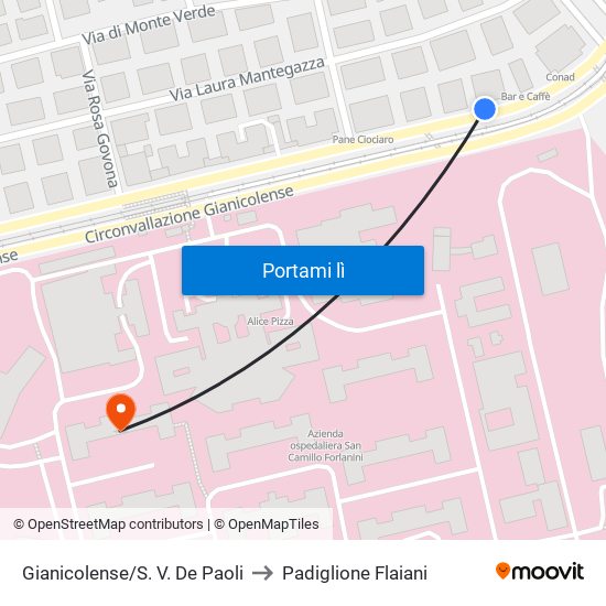 Gianicolense/S. V. De Paoli to Padiglione Flaiani map