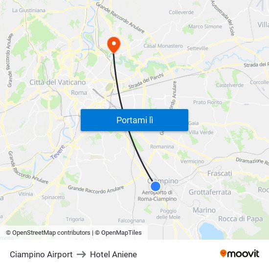 Ciampino Airport to Hotel Aniene map