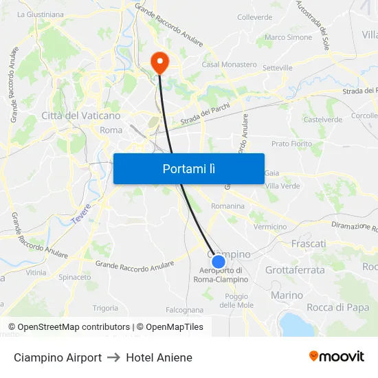 Ciampino Airport to Hotel Aniene map