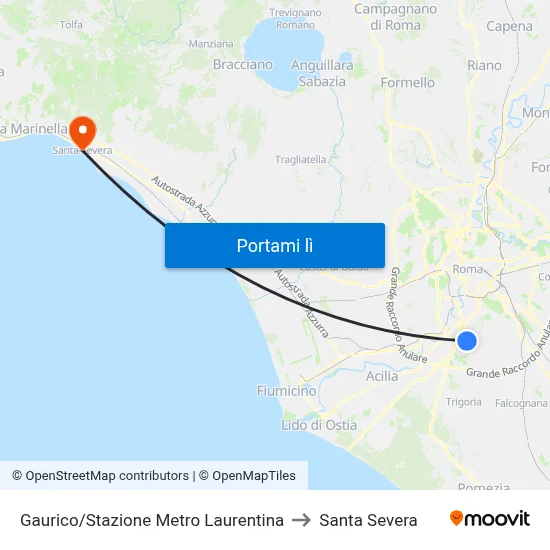Gaurico/Stazione Metro Laurentina to Santa Severa map