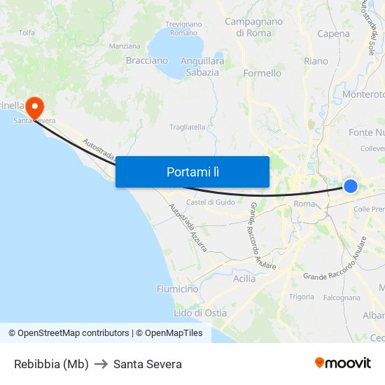 Rebibbia (Mb) to Santa Severa map