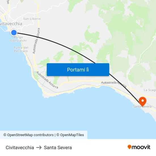 Civitavecchia to Santa Severa map