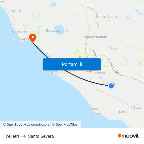Velletri to Santa Severa map