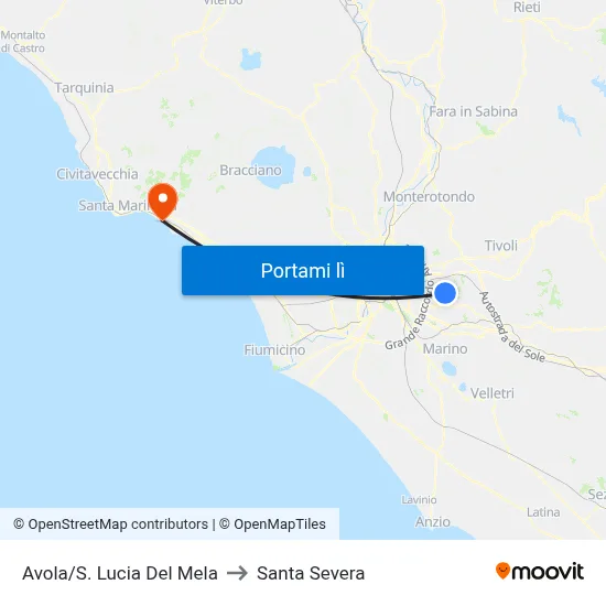 Avola/S. Lucia Del Mela to Santa Severa map