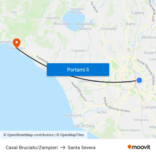 Casal Bruciato/Zampieri to Santa Severa map