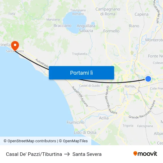 Casal De' Pazzi/Tiburtina to Santa Severa map