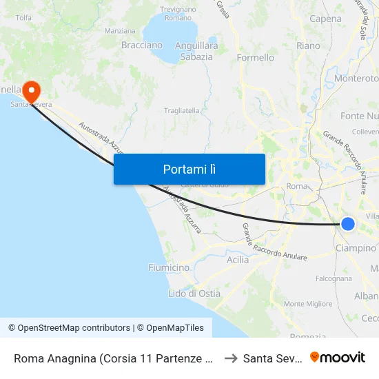 Roma Anagnina (Corsia 11 Partenze Cotral) to Santa Severa map