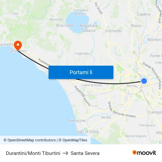 Durantini/Monti Tiburtini to Santa Severa map