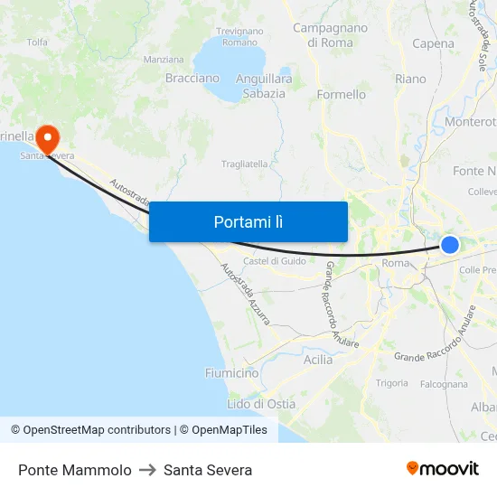 Ponte Mammolo to Santa Severa map