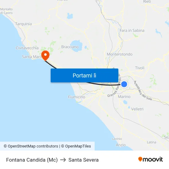 Fontana Candida (Mc) to Santa Severa map