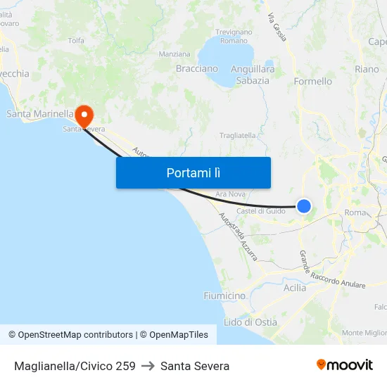 Maglianella/Civico 259 to Santa Severa map