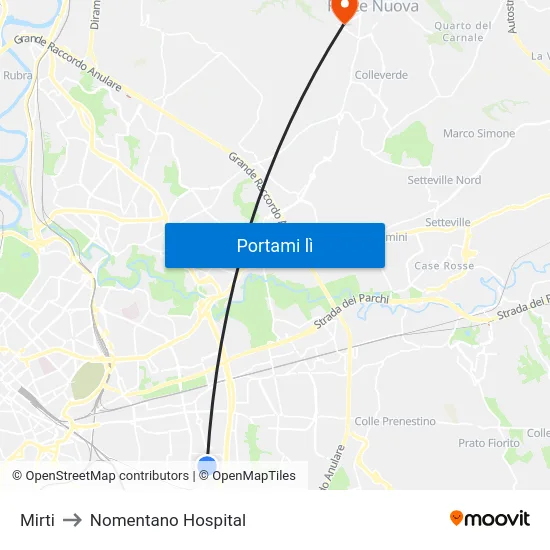 Mirti to Nomentano Hospital map