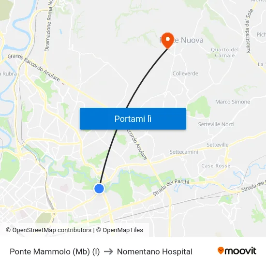 Ponte Mammolo (Mb) (I) to Nomentano Hospital map