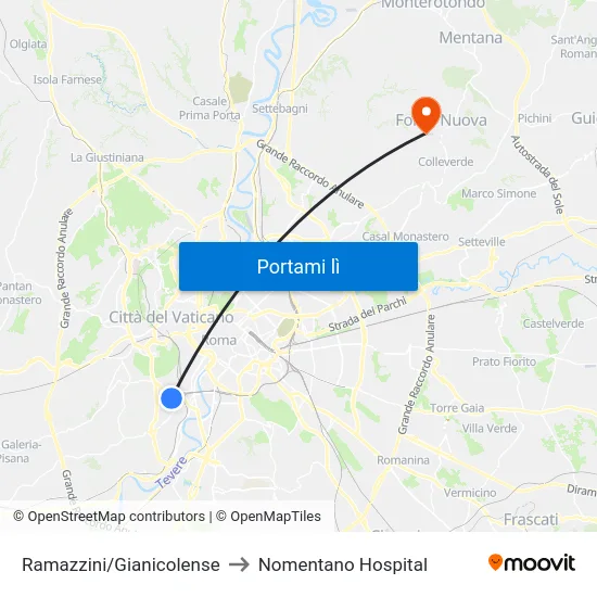 Ramazzini/Gianicolense to Nomentano Hospital map