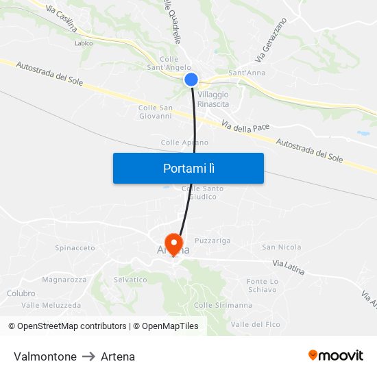 Valmontone to Artena map