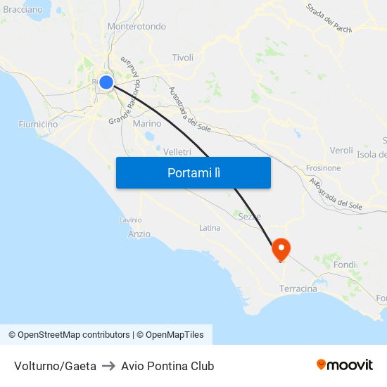 Volturno/Gaeta to Avio Pontina Club map