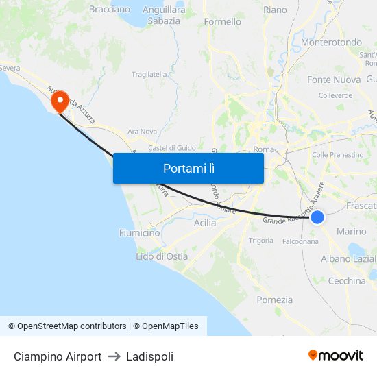 Ciampino Airport to Ladispoli map