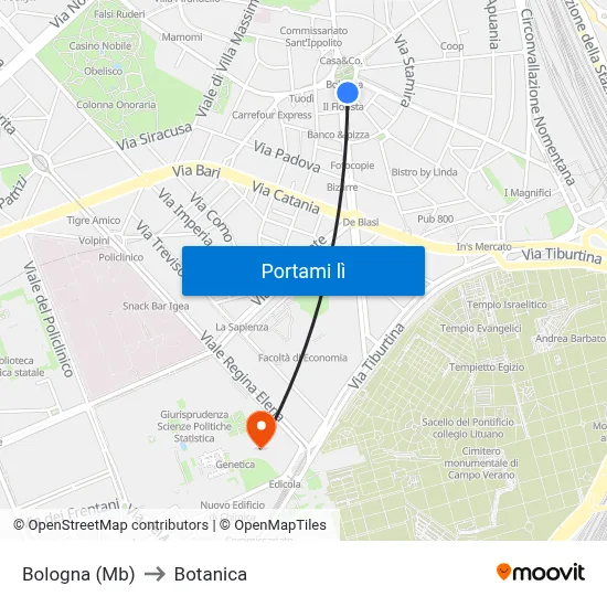 Bologna (Mb) to Botanica map