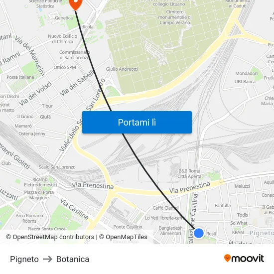 Pigneto to Botanica map