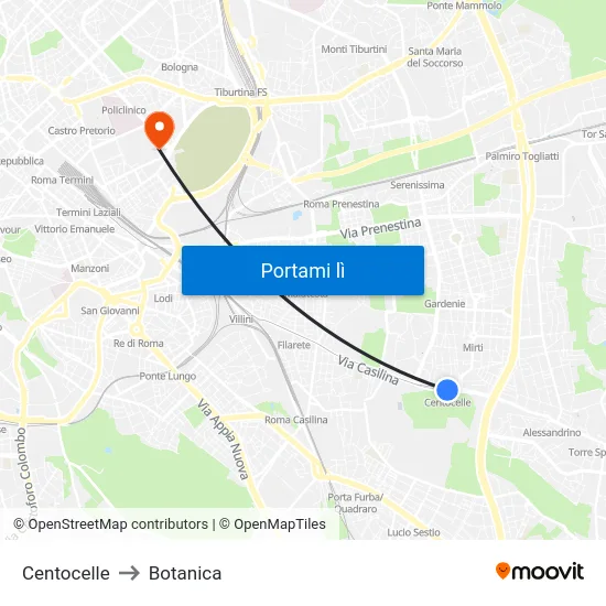 Centocelle to Botanica map