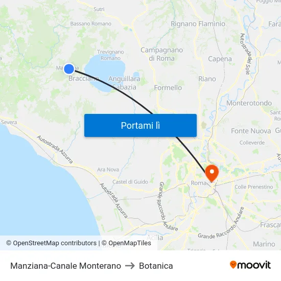 Manziana-Canale Monterano to Botanica map