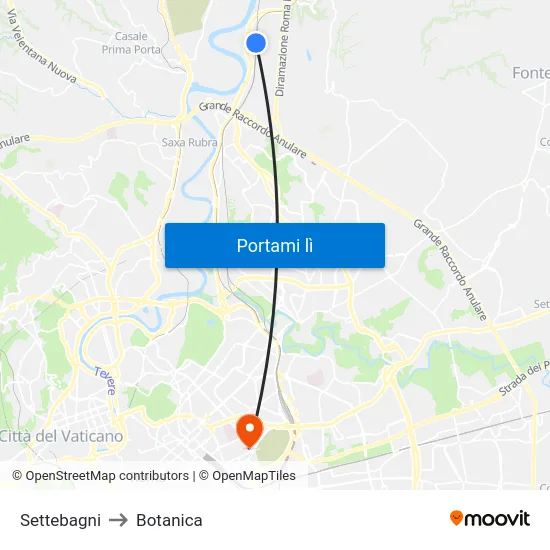 Settebagni to Botanica map