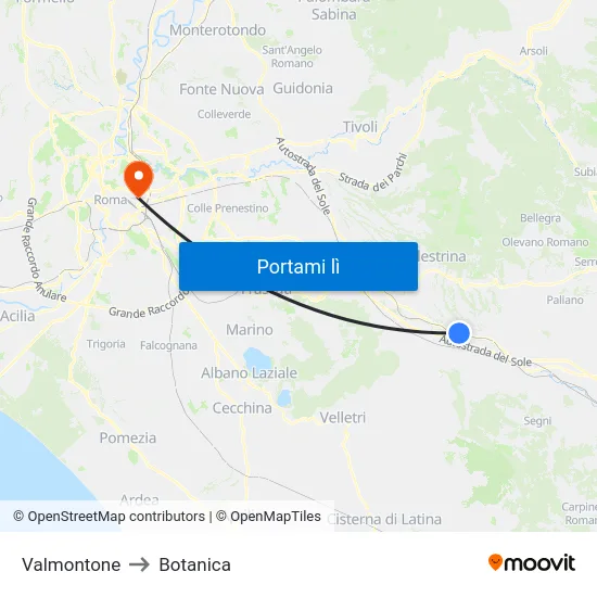 Valmontone to Botanica map