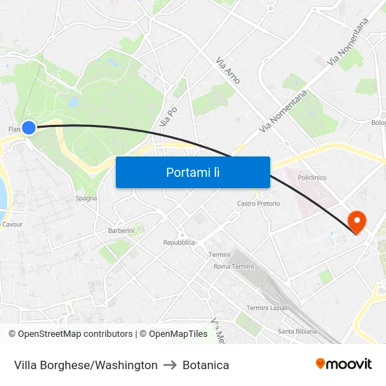 Villa Borghese/Washington to Botanica map