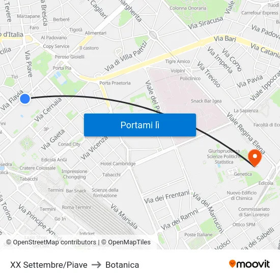 XX Settembre/Piave to Botanica map
