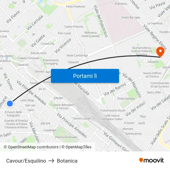 Cavour/Esquilino to Botanica map