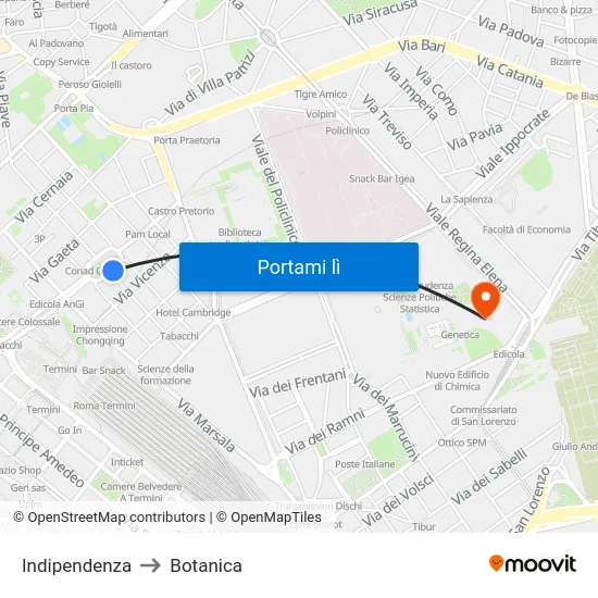 Indipendenza to Botanica map