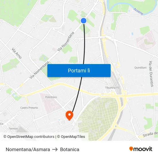 Nomentana/Asmara to Botanica map