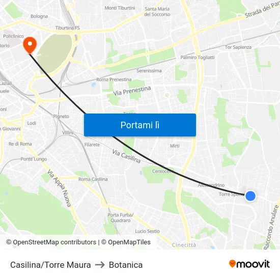 Casilina/Torre Maura to Botanica map