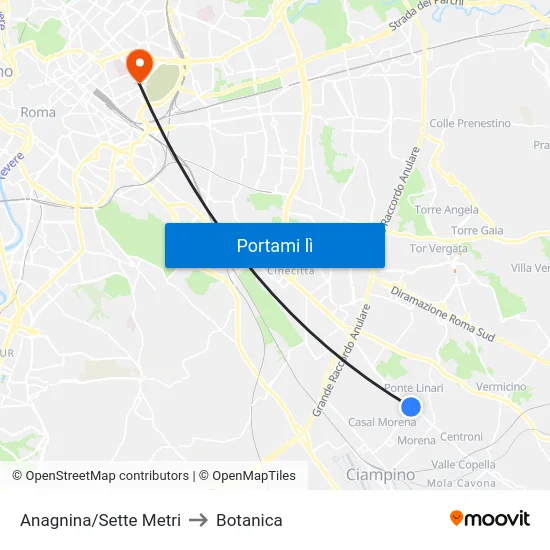 Anagnina/Sette Metri to Botanica map