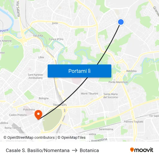 Casale S. Basilio/Nomentana to Botanica map