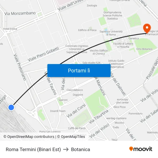 Roma Termini (Binari Est) to Botanica map