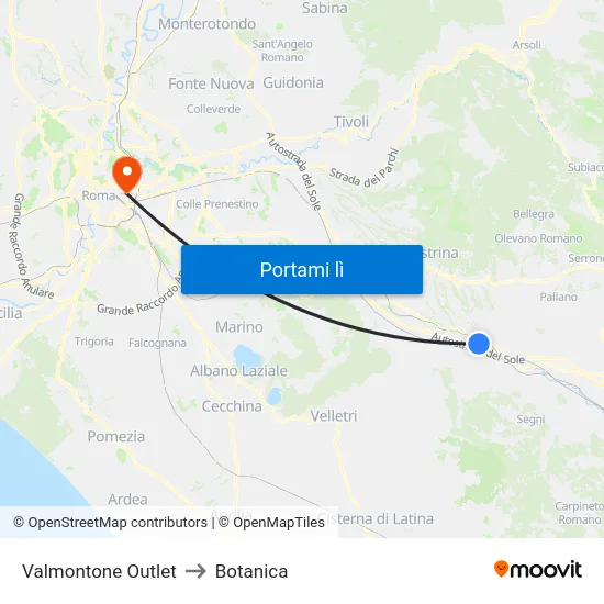 Valmontone Outlet to Botanica map