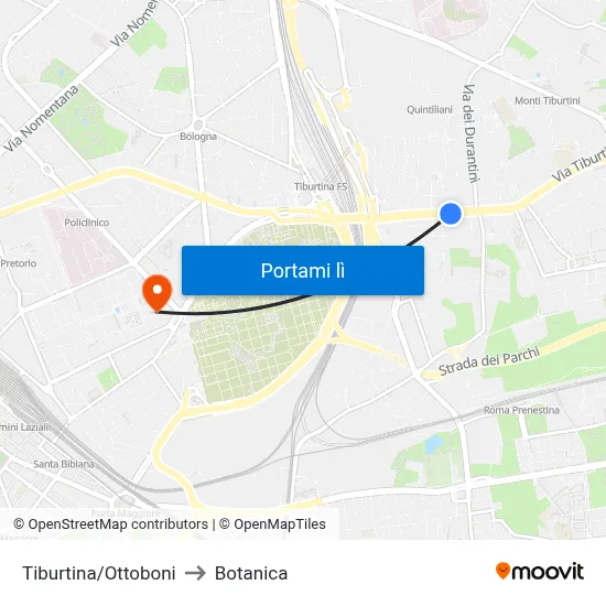 Tiburtina/Ottoboni to Botanica map
