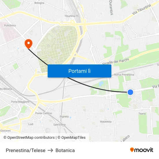Prenestina/Telese to Botanica map
