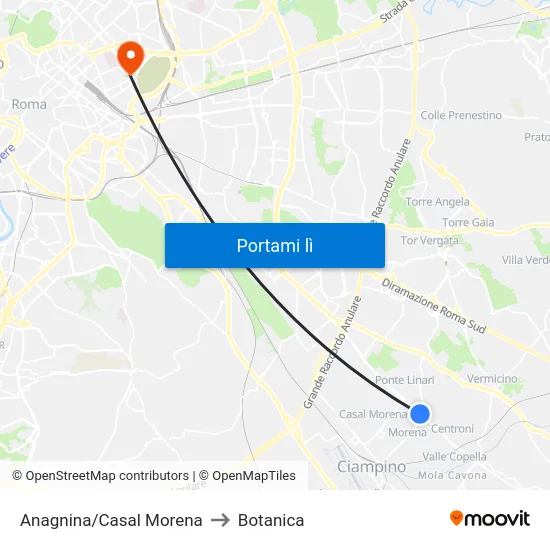Anagnina/Casal Morena to Botanica map