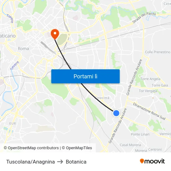 Tuscolana/Anagnina to Botanica map