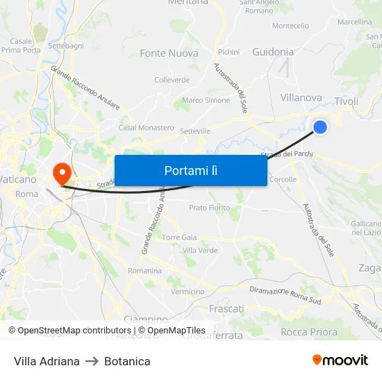 Villa Adriana to Botanica map