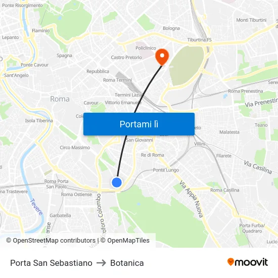 Porta San Sebastiano to Botanica map