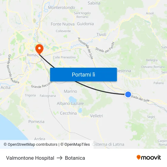 Valmontone Hospital to Botanica map