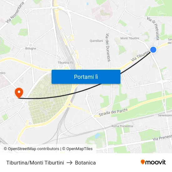 Tiburtina/Monti Tiburtini to Botanica map