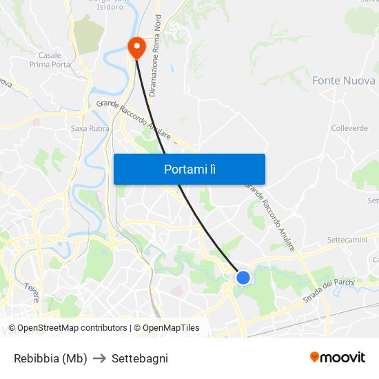 Rebibbia (Mb) to Settebagni map