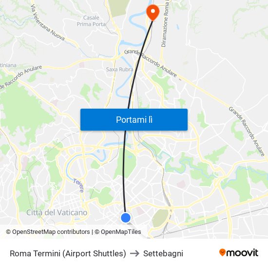 Roma Termini (Airport Shuttles) to Settebagni map